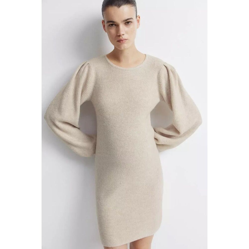 H&M MAMA Balloon Sleeved Rib-Knit Maternity Sweater Dress